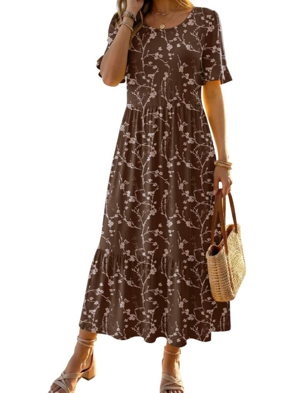 Women's Brown Casual Midi Dress Crew Neck Ruffle Short Sleeve Tiered Sundress